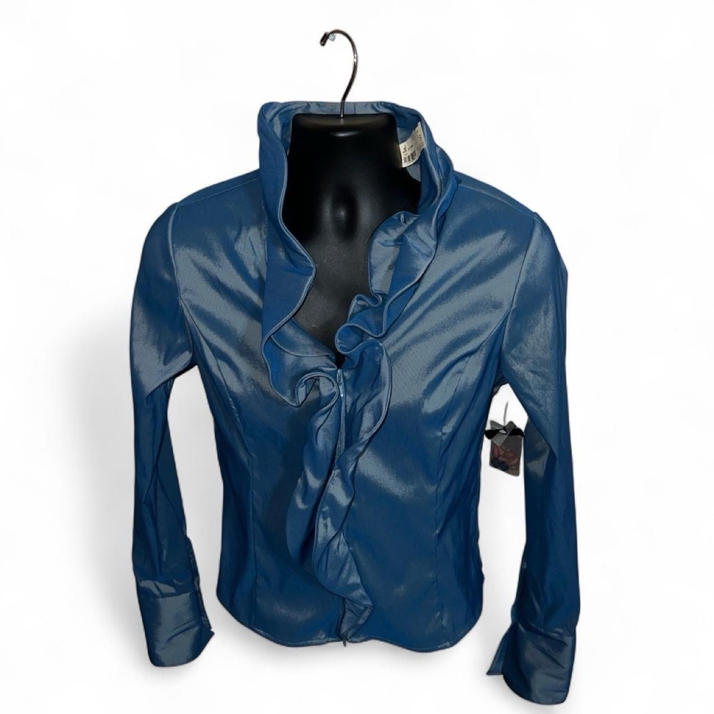Samuel Dong Slate Blue Ruffled Zip-Front Jacket - Slim-Fit Long-Sleeve Shacket, - Picture 3 of 8